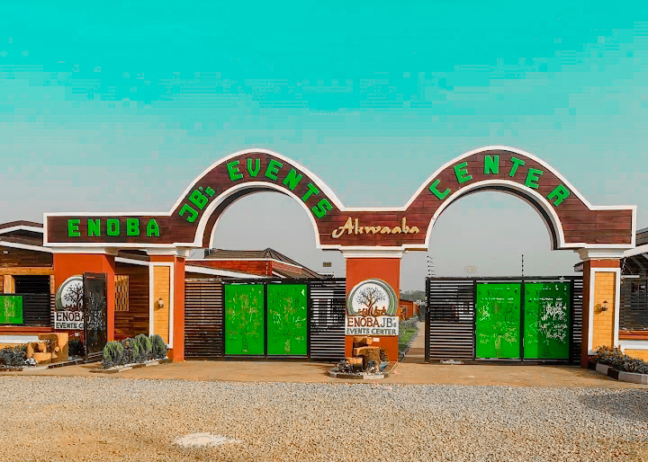 Enoba JB Event Center entrance archway with Akwaaba signage in Afari, Ghana